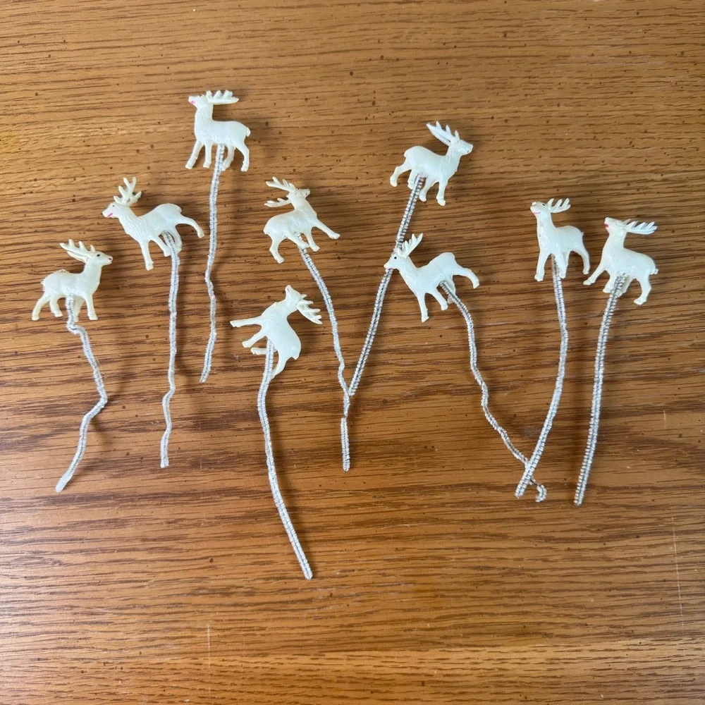 MCM White Plastic Reindeer Ornaments‎ Glitter Pipe Cleaner Stems Christmas Decor